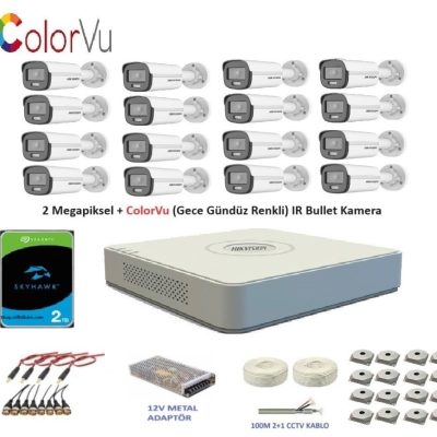 Hikvision 2mp 16 kameralı Dış ortam AHD HD-TVI ColorVu Gece Renkli Kamera Seti 2TB Disk