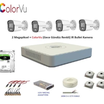 Hikvision 2mp 4 kameralı Dış ortam AHD HD-TVI ColorVu Gece Renkli Kamera Seti 500GB Disk