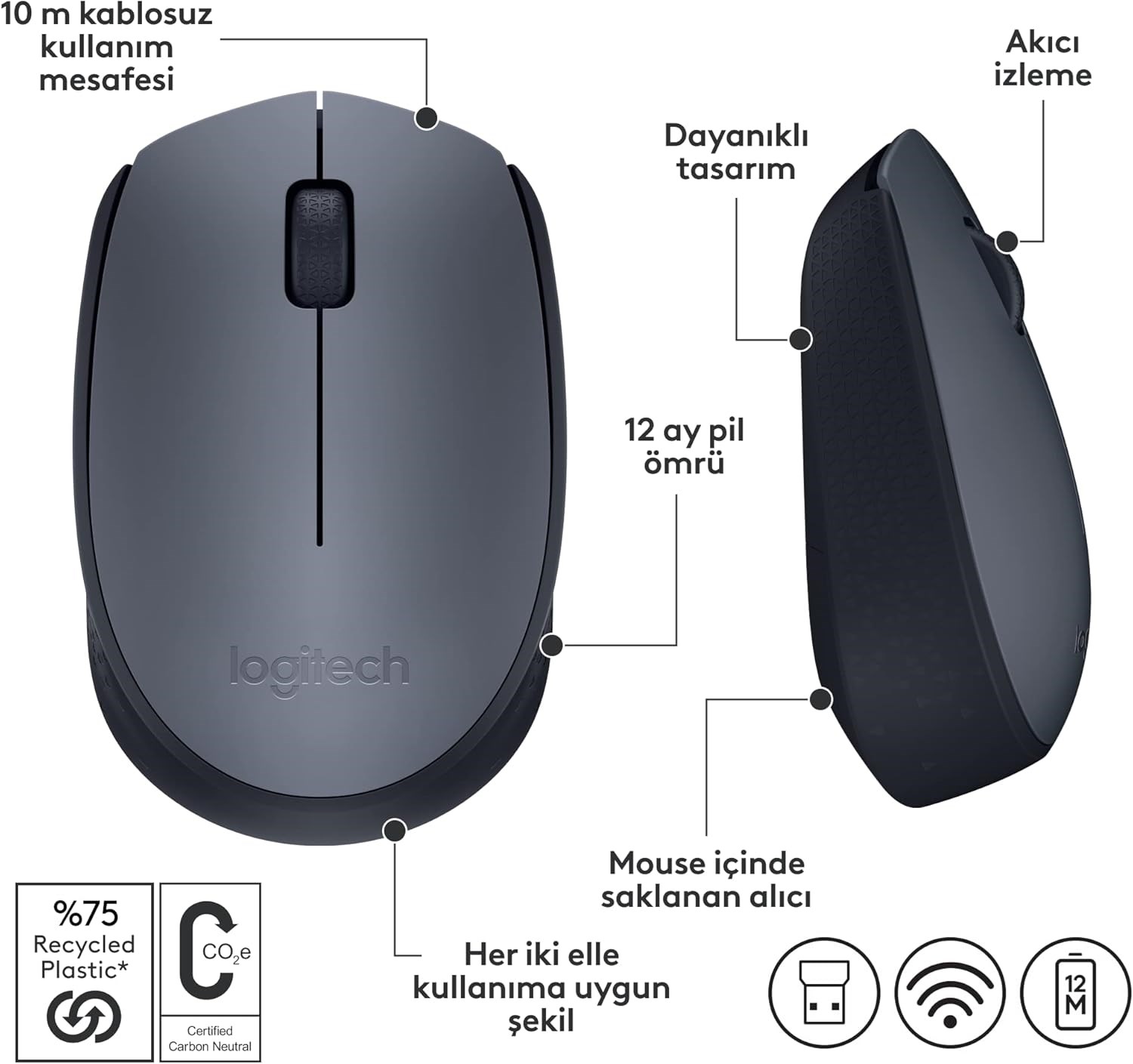 Logitech M170 Kablosuz Mouse Siyah USB 12 Ay Pil Ömrü - Görsel 2