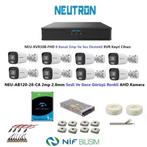 Neutron 2mp 8 kameralı Gece Renkli Sesli Dış ortam AHD Full Kamera Seti 1TB
