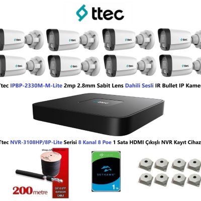 Ttec 2mp Mikrofonlu 8 Kameralı 1TB Disk Tak Çalıştır Hazır IP Kamera Seti