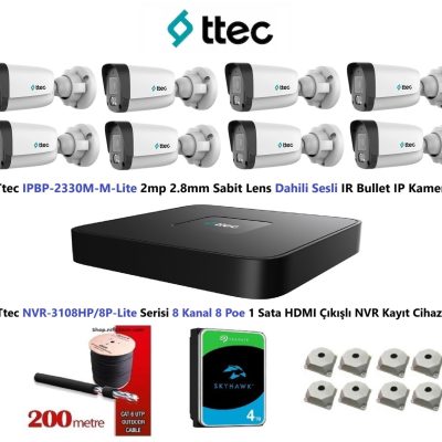 Ttec 2mp Mikrofonlu 8 Kameralı 4TB Disk Tak Çalıştır Hazır IP Kamera Seti