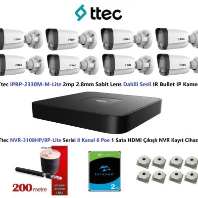 Ttec 2mp Mikrofonlu 8 Kameralı 2TB Disk Tak Çalıştır Hazır IP Kamera Seti