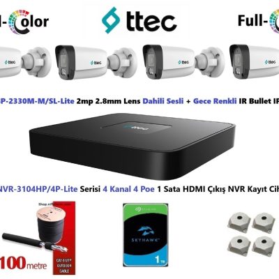 Ttec 2mp Dahili Sesli Ve Gece Renkli 4 Kameralı 1TB Disk Tak Çalıştır Hazır IP Kamera Seti
