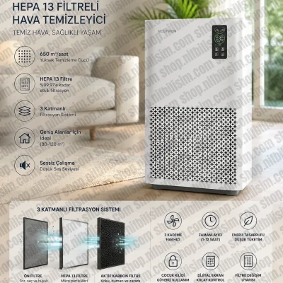 Neutron NTL-AP-650-HP13 Hepa 13 Filtreli Hava Temizleyici 3 Katmanlı Hava Temizleme Cihazı 650 m³