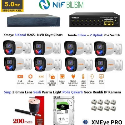 Xmeye 5mp 2.8mm Sabit Lens Polis Çakarlı Sesli Ve Gece Renkli 8 Kameralı IP Kamera Seti 500GB Disk