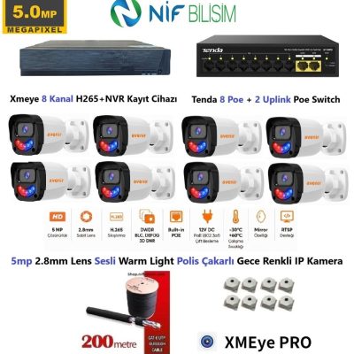 Xmeye 5mp 2.8mm Sabit Lens Polis Çakarlı Sesli Ve Gece Renkli 8 Kameralı IP Kamera Seti Disk Yoktur